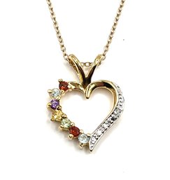 Beautiful Sterling Silver Vermeil Colored And Clear Stones Heart Necklace