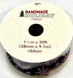 30Ft Roll Of Handmade Holiday Purple Wired Fabric Ribbon With Gold Glitter Stars