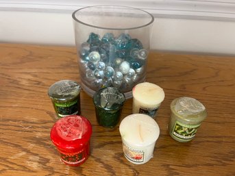 Grouping Of Holiday Yankee Candle Tealight Candles & Glass Container