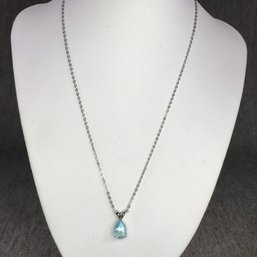 Very Pretty 925 / Sterling Silver Necklace With Teardrop Aquamarine Pendant - Very Pretty Piece - 18' Long