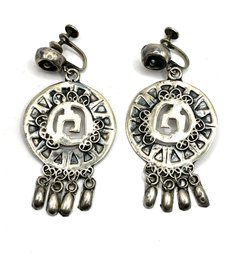 Vintage Mexican Sterling Silver Ornate Dangle Screw On Earrings