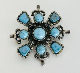 VINTAGE COSTUME FAUX TURQUOISE SILVER TONE SWORDS BROOCH