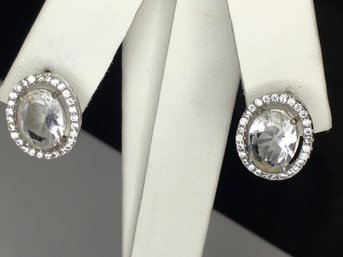 Very Nice Pair Brand New 925 / Sterling Silver Earrings With All Cubic Zirconas - Very Nice - Nice Gift !