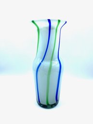 Tall Artisand Signed Handblown White Glass Vase W/ Blue & Green Ribbon-like Stripe
