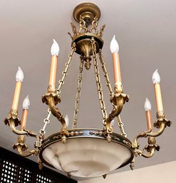 A Vintage Empire Style Gilt Metal And Alabaster Eight Lite Chandelier