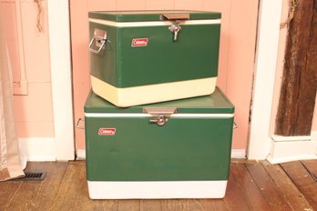 Two Vintage Green Metal Coleman Coolers