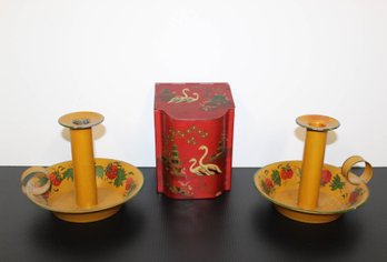 A Vintage Pair Of Toleware Candlesticks & Tea Tin