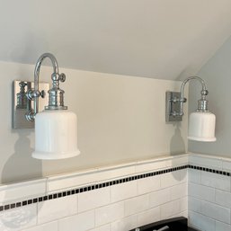 A Pair Of Chrome Hudson Valley Lighting - Keswick Single Sconces  With Milk Glass Shades