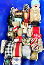 Large Grouping Of Prestarted Rolls Of Wired Fabric Holiday Themed Ribbon