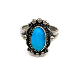 Vintage Native American Sterling Silver Turquoise Color Ornate Ring, Size 7.25