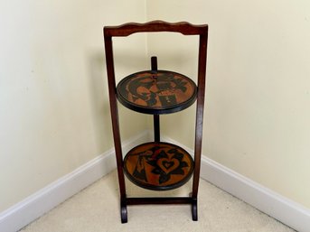 Vintage Two Tier Solid Carved Wood Folding Plant Stand