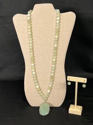 Long Jade Necklace And Matching Earring Set Hand Carried From China - Early 1970s