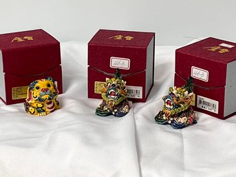 3 Chinese Polychrome Porcelain Dragon Foo Dog Figurine In Fabric Boxes