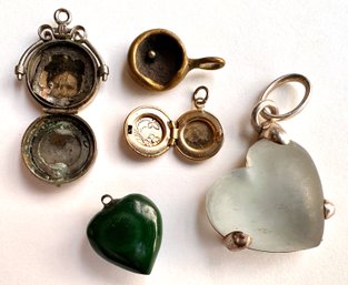 4 Vintage Pendants: 2 Lockets, Glass Heart, Green Stone Heart & Frying Pan