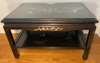 Hand Painted Black Lacquer Two Tier Mother Of Pearl Inlaid Dragon Coffee Table