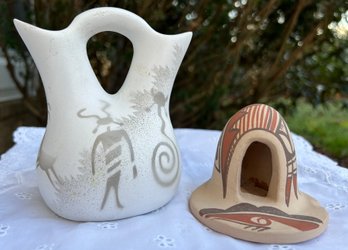 2 Native American Navajo Pieces Signed Hozoni Wedding Vase &  Pueblo Pottery Signed C C Jemez