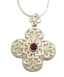 Vintage Italian Smooth Sterling Silver Chain With Garnet Stone Ornate Pendant