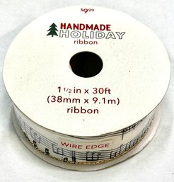 30Ft Roll Of Handmade Holiday Wired Fabric Ribbon With Musical Note Pattern