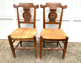 Pair Of Antique Swedish Style Walnut Rush Seat Side Chairs