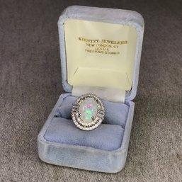 Stunning Brand New 925 / Sterling Silver Ring With Large Opal Encircled With Sparkling White Zircons - WOW !