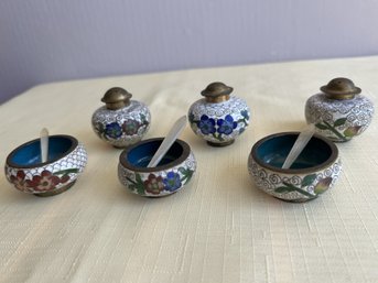 Three Sets Vintage Cloisonne Salt Cellars & Pepper Shakers