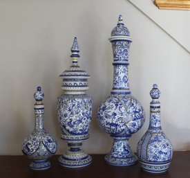 Portuguese Blue & White Tall Lidded Vessel Grouping