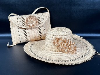 A Beautiful Vintage Hand-Crafted Ladies Hat & Clutch In Natural Woven Straw