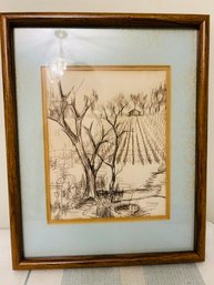 Framed And Matted Print Of Trees, Farm