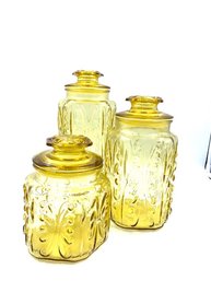 Trio Of Vintage 1970's Atterburry Amber Glass Canisters By Federal Glass