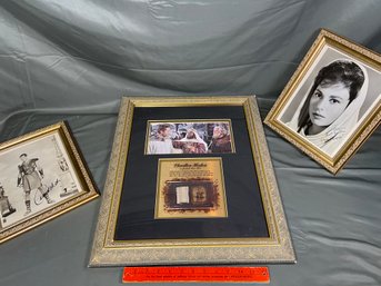 Framed Judah Ben-Hur Fabric Swatch And Autographed Photos By Charlton Heston And Haya Harareet