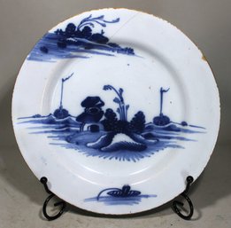 Antique Early Delft Blue And White Plate 18th Century (repaired)