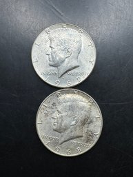 2 Kennedy 40 Silver Half Dollars 1968-D, 1969-D