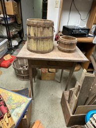 A SPADE LEG ANTIQUE WORK TABLE W/ TWO FIRKINS