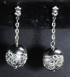 Fine Silver Tone Fancy Drop Pierced Earrings Filigree Balls