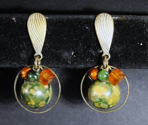 Vintage Gold Filled Jasper Stone, Jade And Amber Pierced Earrings