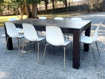 A Modern 'Bedford' Extendable Dining Table By West Elm And Set Of 8 Moulded Plastic And Chrome Dining Chairs