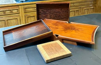 Vintage Scandinavian Modern Teak Serving Trays And A Bamboo Cutting Board