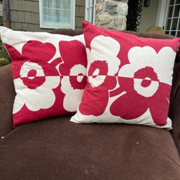 A Pair Of Marimekko Red Linen Pillows With Down Inserts