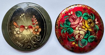 2 Hand Painted Russian Lacquer Pins, Signed
