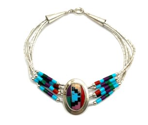 Vintage Native American Liquid Sterling Silver Multi Color Inlay Bracelet