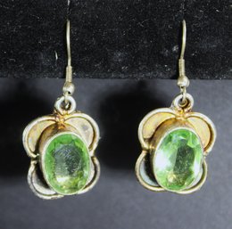 Vintage Sterling Silver Pierced Drop Earrings Having Green Gemstones 925