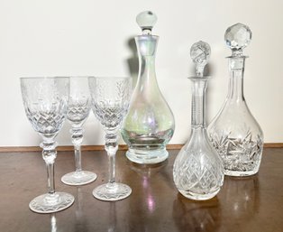 Assorted Etched Glass Decanters And Glasses