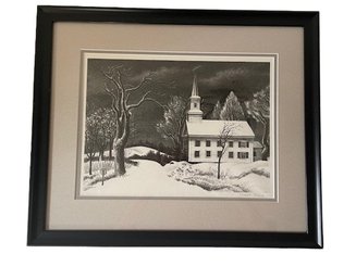 Listed Artist Earnest Fien, Signed Lithograph 'New Snow' 1946 Features A Church In  Easton, CT.