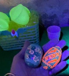 1970s UV Handpainted 2pcs Wood Easter Eggs USSRUkraine Glow Under UV Blacklight