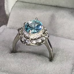 Fantastic Brand New 925 / Sterling Silver Ring With Aquamarine Encircled With White Topaz - Brand New !