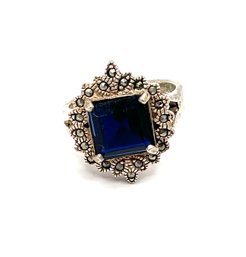 Vintage Sterling Silver Dark Navy Blue Square Stone Marcasite Ring, Size 8.9