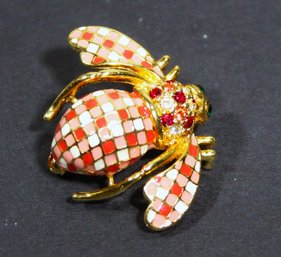 Vintage Enamel And Gold Tone Rhinestone Bug Pin Brooch