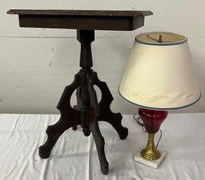 Cottage Pine Paint Decorated Table And Cranberry Lamp On Marble Base