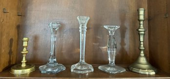 Three Crystal And Two Brass Candlesticks