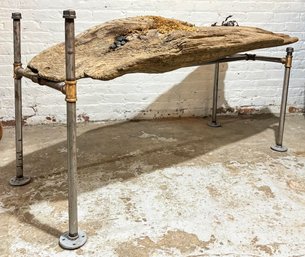 A Large Bespoke Industrial Metal And Driftwood Bench